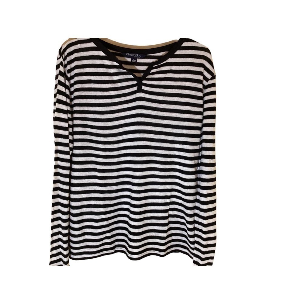 Chadwick of Boston Top - Size L Black White Stripped Long Sleeve